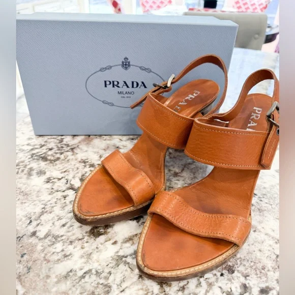 USED Prada Brown Leather Sling Backs in Cognac Size 40 - Picture 2 of 13